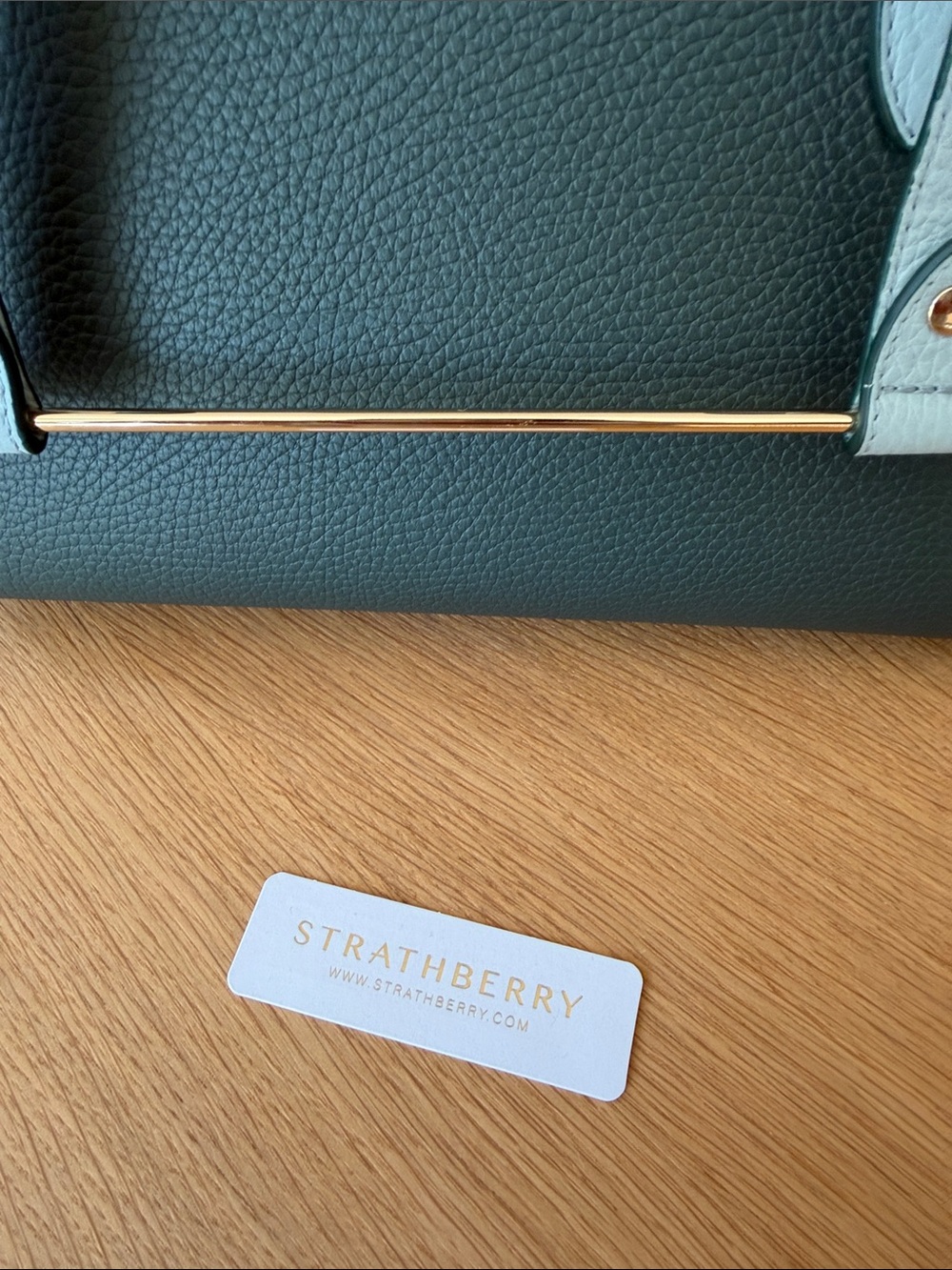 Strathberry Dark Green & Cream Midi Tote with Gold Bar - Picture 7 of 16